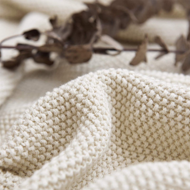 Longhui bedding Cream Cotton Cable Knit Throw Blanket for Couch Sofa Bed, Home Decorative Throw Blanket for Couch, Lightweight Woven Throw Blankets with Bonus Laundering Bag, 3.4 Pounds 60 x 80 Beige - Image 3